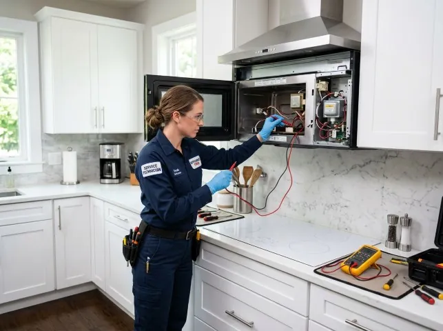 Appliance Repair Hero technician testing an over-the-range microwave in a Arverne, NY kitchen